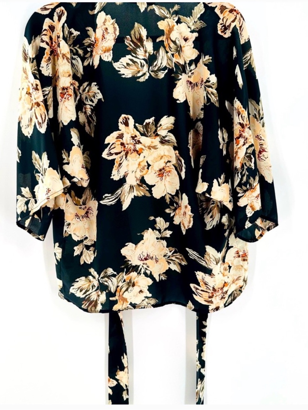 West Kei ~ Satin Kimono ~ Black base w/ Cream, Peach & Olive Flowers ~ Tie Front - Picture 8 of 9